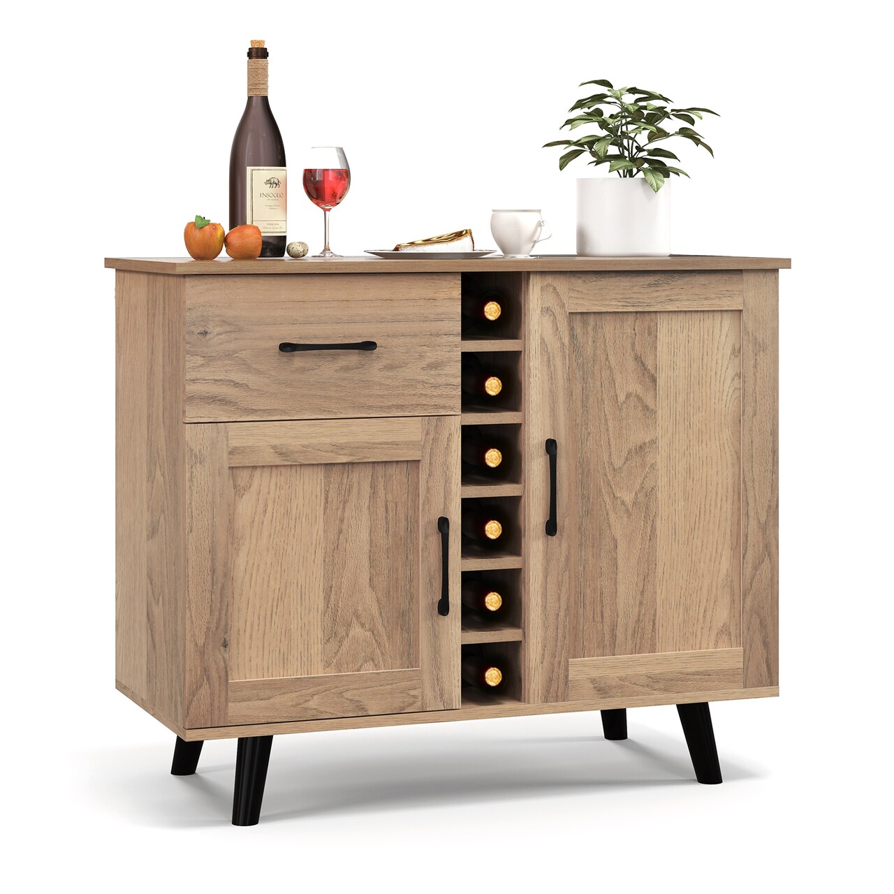 Costway 2-Door Wine Bar Cabinet Kitchen Sideboard Buffet with Drawer & Adjustable Shelves Black/Natural
